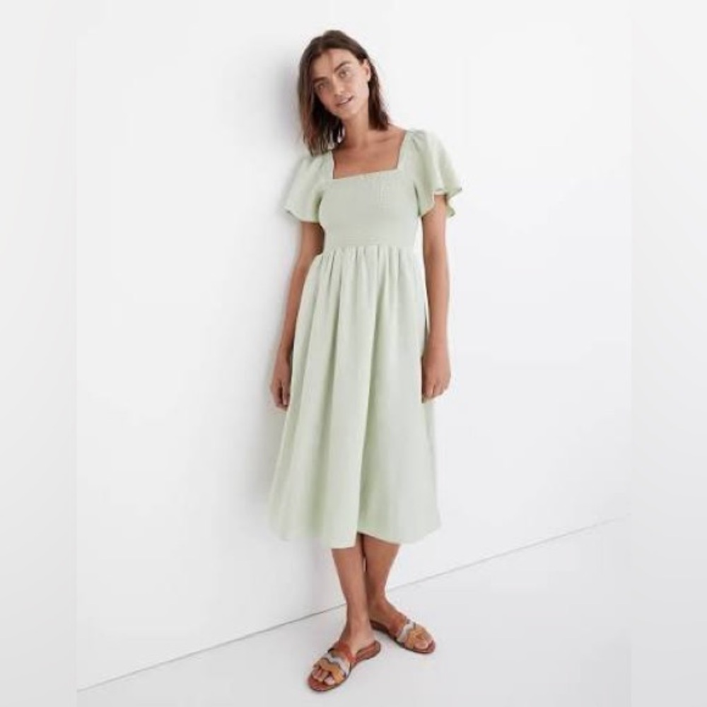 Madewell Linen Blend Lucie Smocked Midi Dress